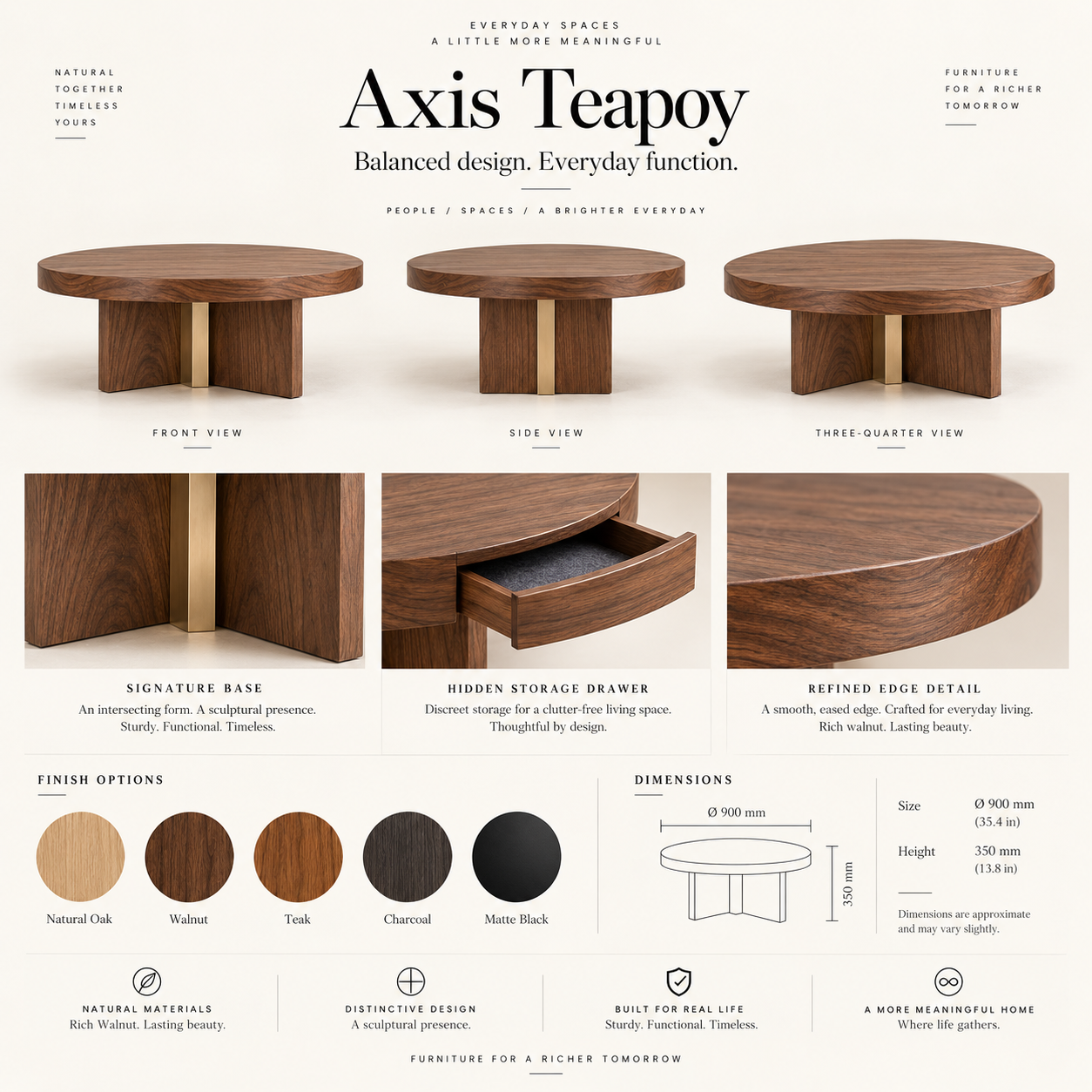 Axis Teapoy design presentation with front, side and three-quarter views, signature base, hidden storage, finishes and dimensions