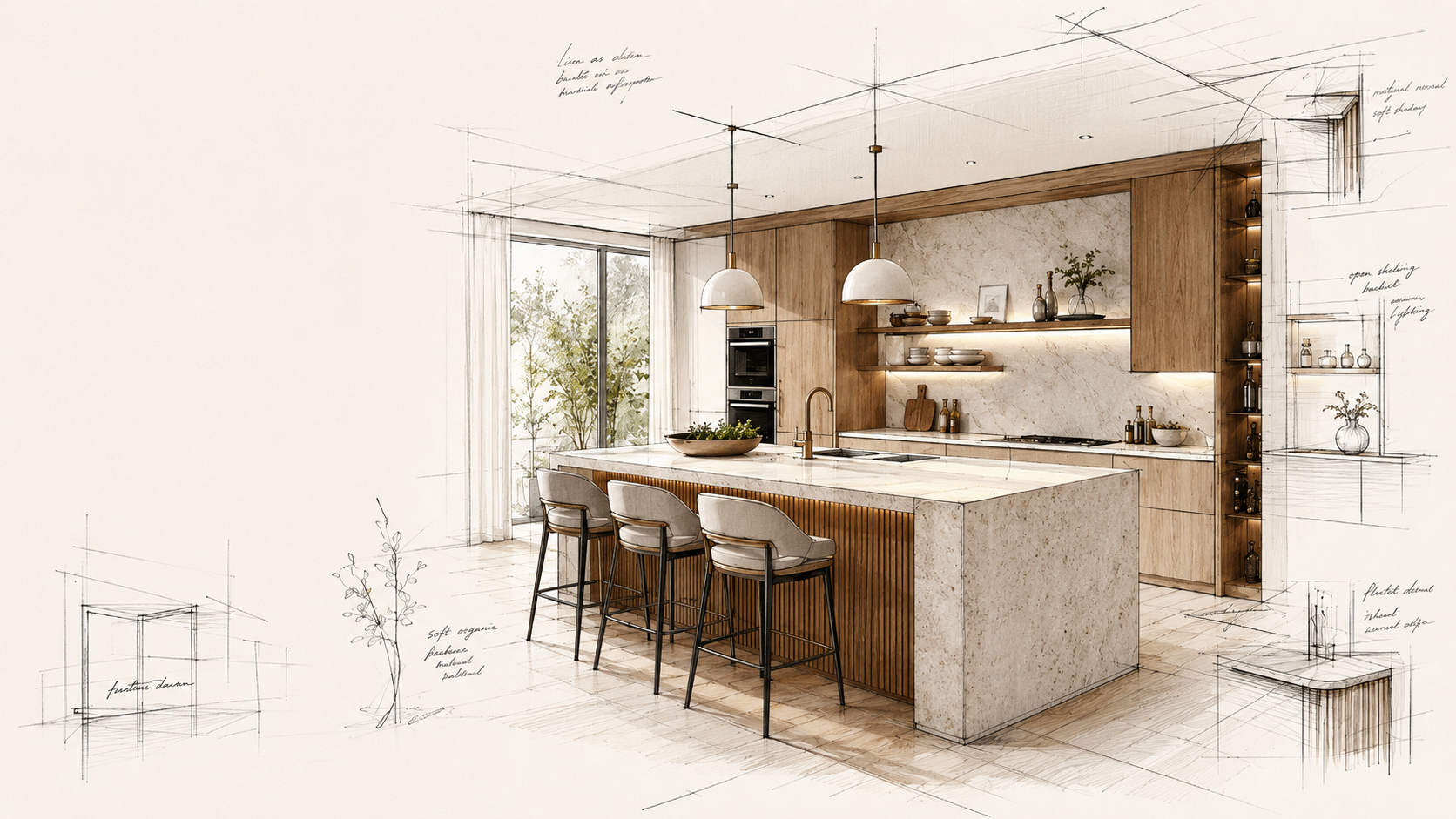 Architectural sketch of a contemporary open-plan kitchen and dining interior designed by PAMA Interio in Pune