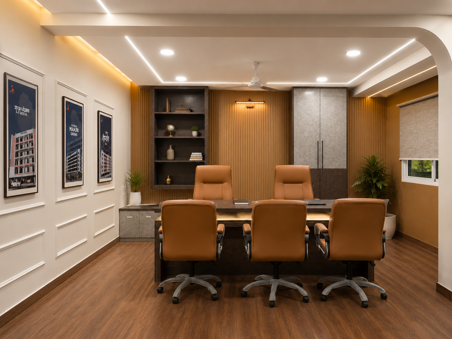 Workstations of the Manjri developer office with linear lighting