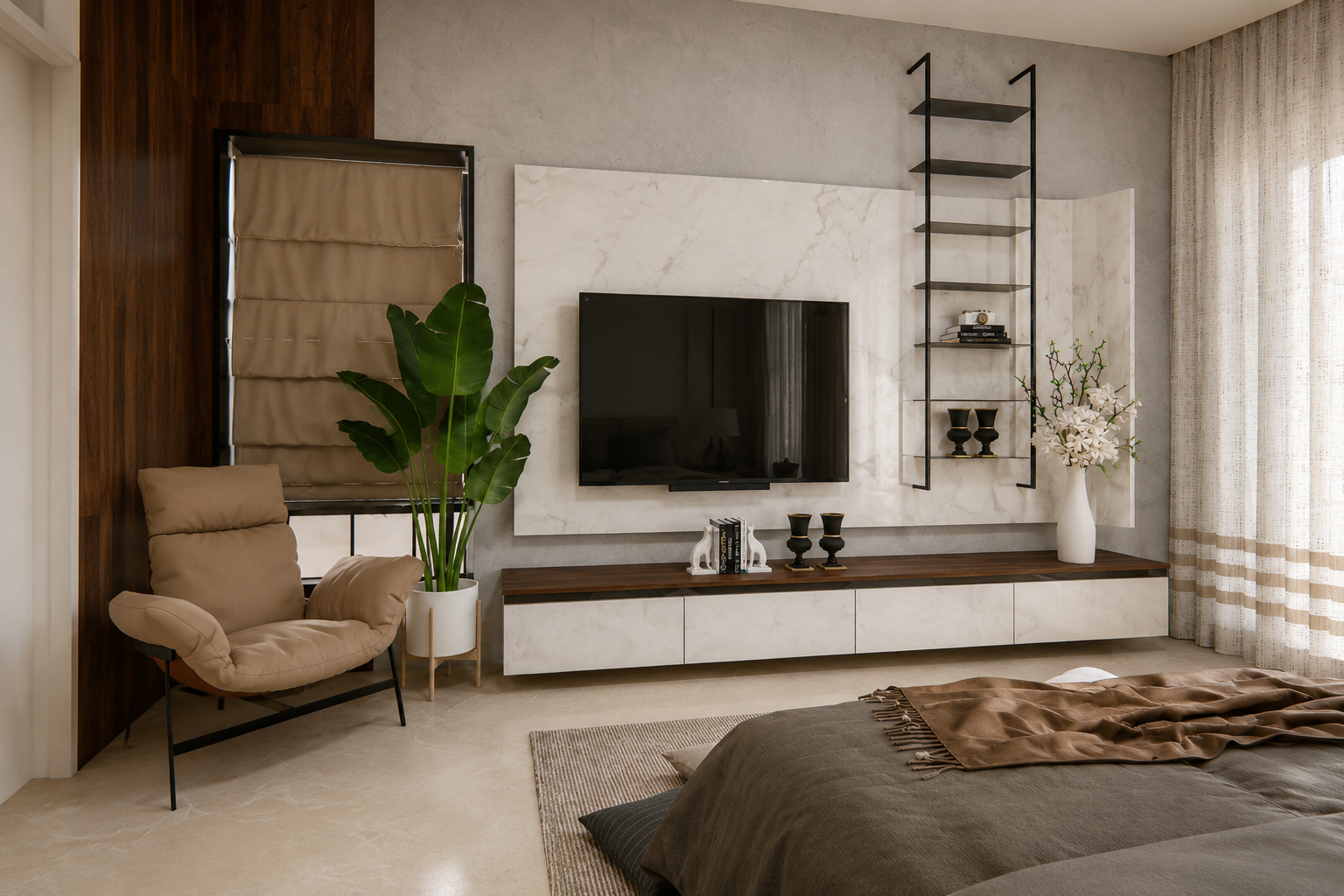 Private bedroom of the Vita villa with a soft material palette
