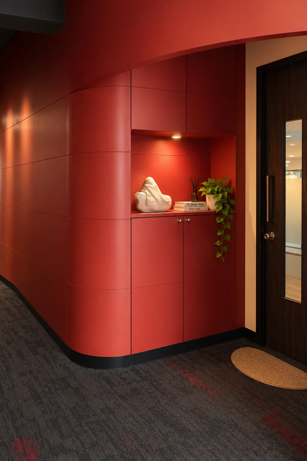 Close view of curved red joinery with an integrated display niche and lighting
