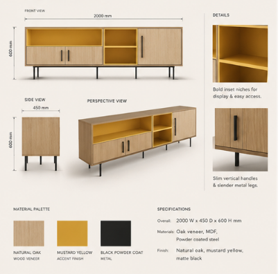 Verge Console design presentation with front, side and perspective views, dimensions, material palette and specifications