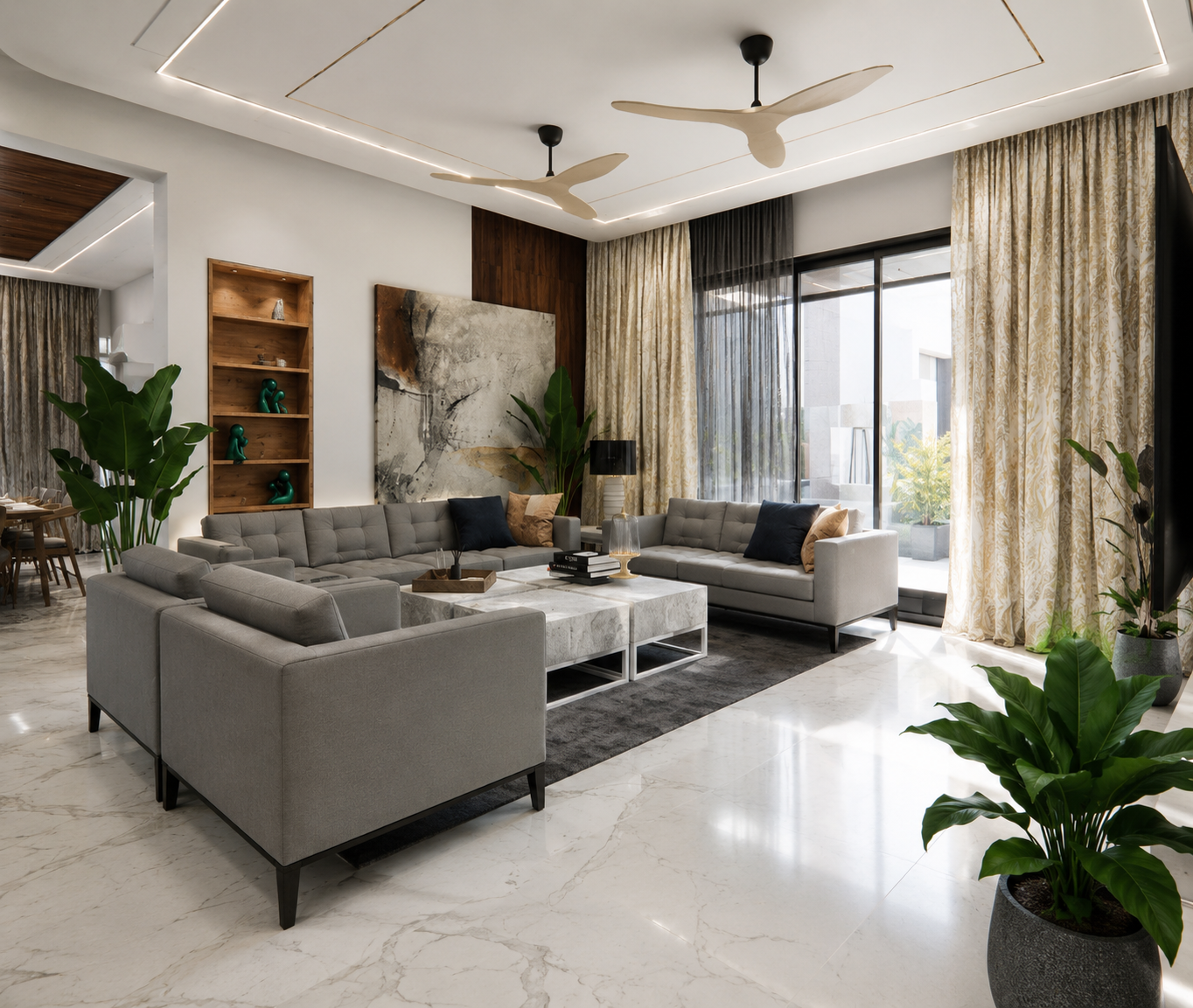 Informal living area of a 5 BHK villa in Vita with warm timber panelling