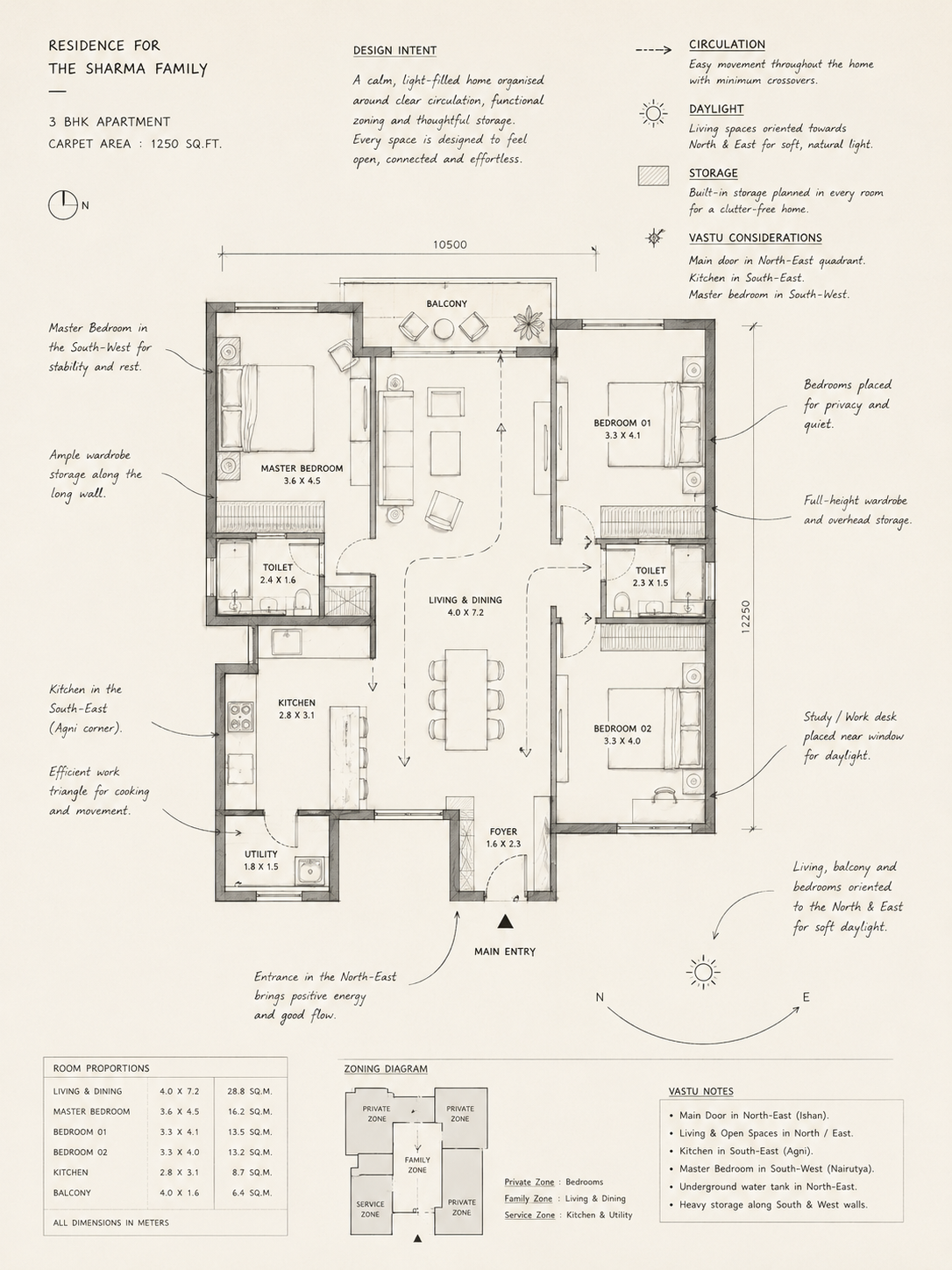 Annotated architectural plan with dimensions, zoning and design notes