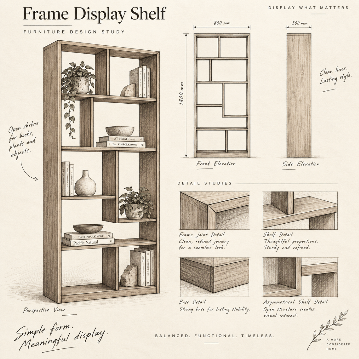 Hand sketch of the Frame Display Shelf with elevations, frame, shelf and base details