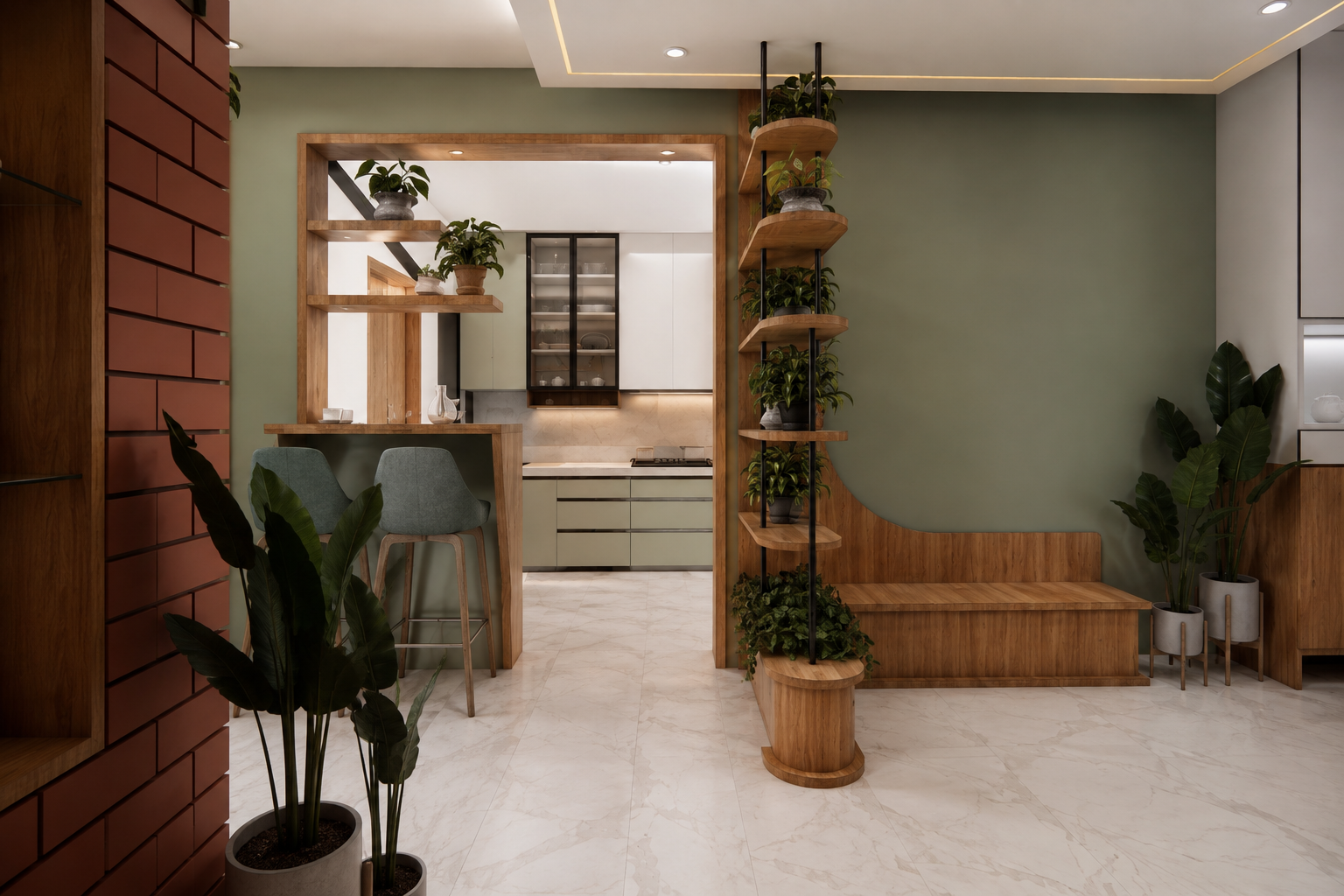 Breakfast counter in the opened kitchen wall, with bar stools, sage green cabinetry and a vertical plant shelf