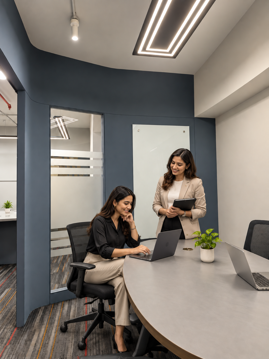 Two colleagues collaborating at a curved grey table with a dark blue feature wall and glass partition