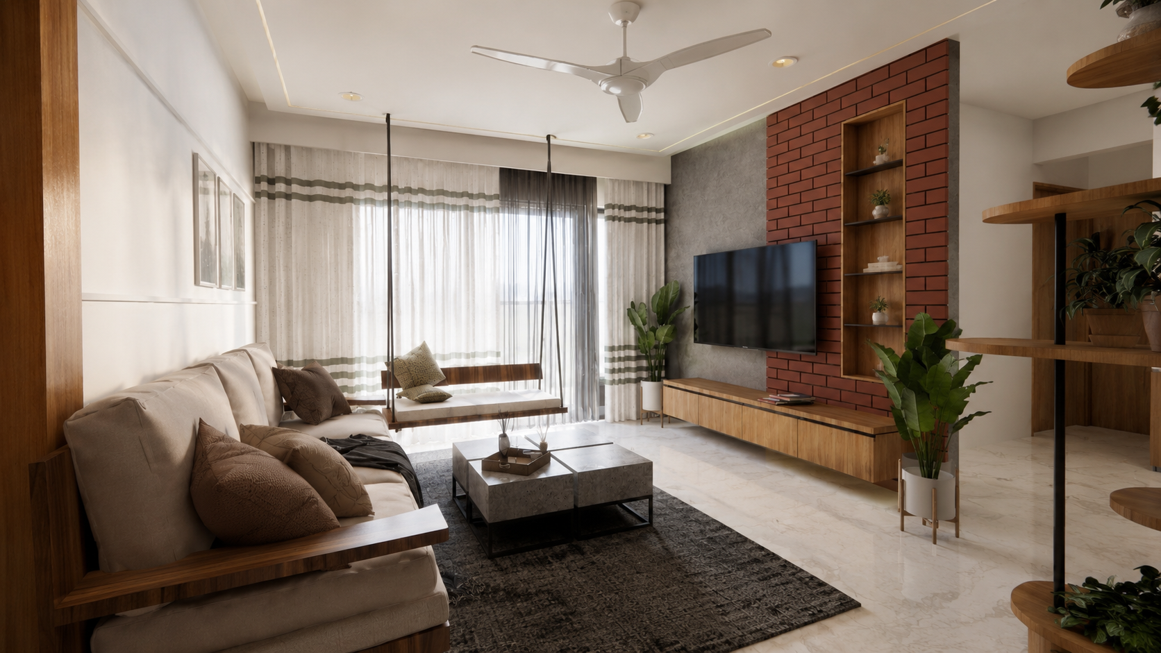 Living and dining space of a 3 BHK apartment in Baner with a green material palette