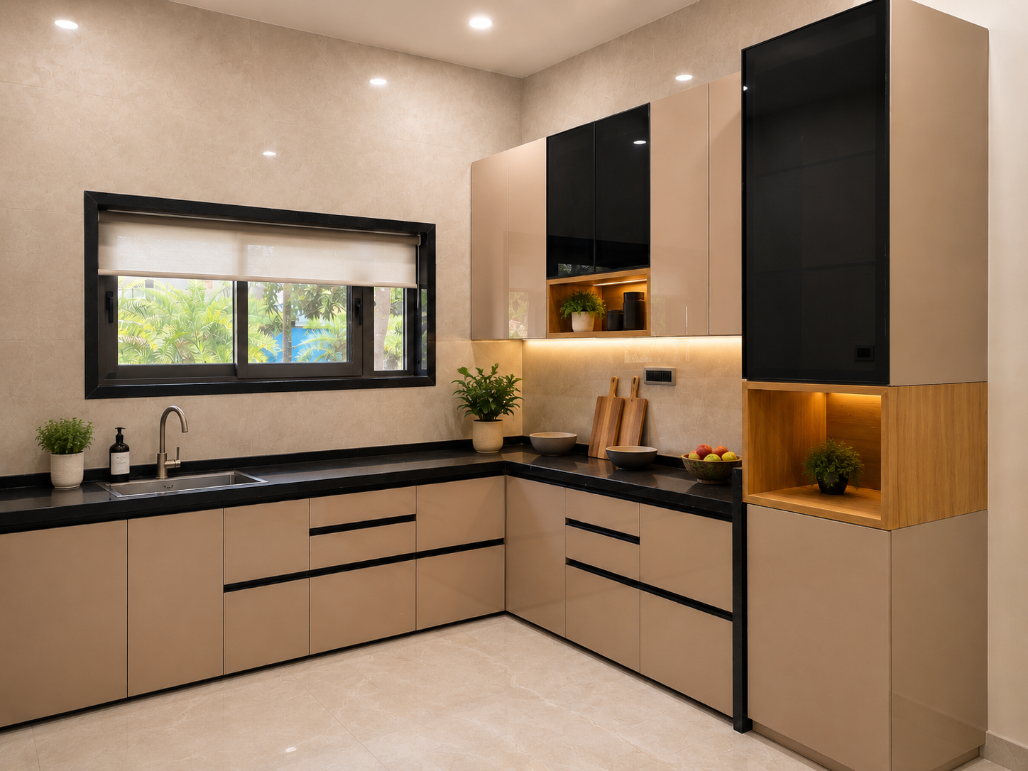 Kitchen of the Khopoli farmhouse with handleless cabinetry and a black stone counter