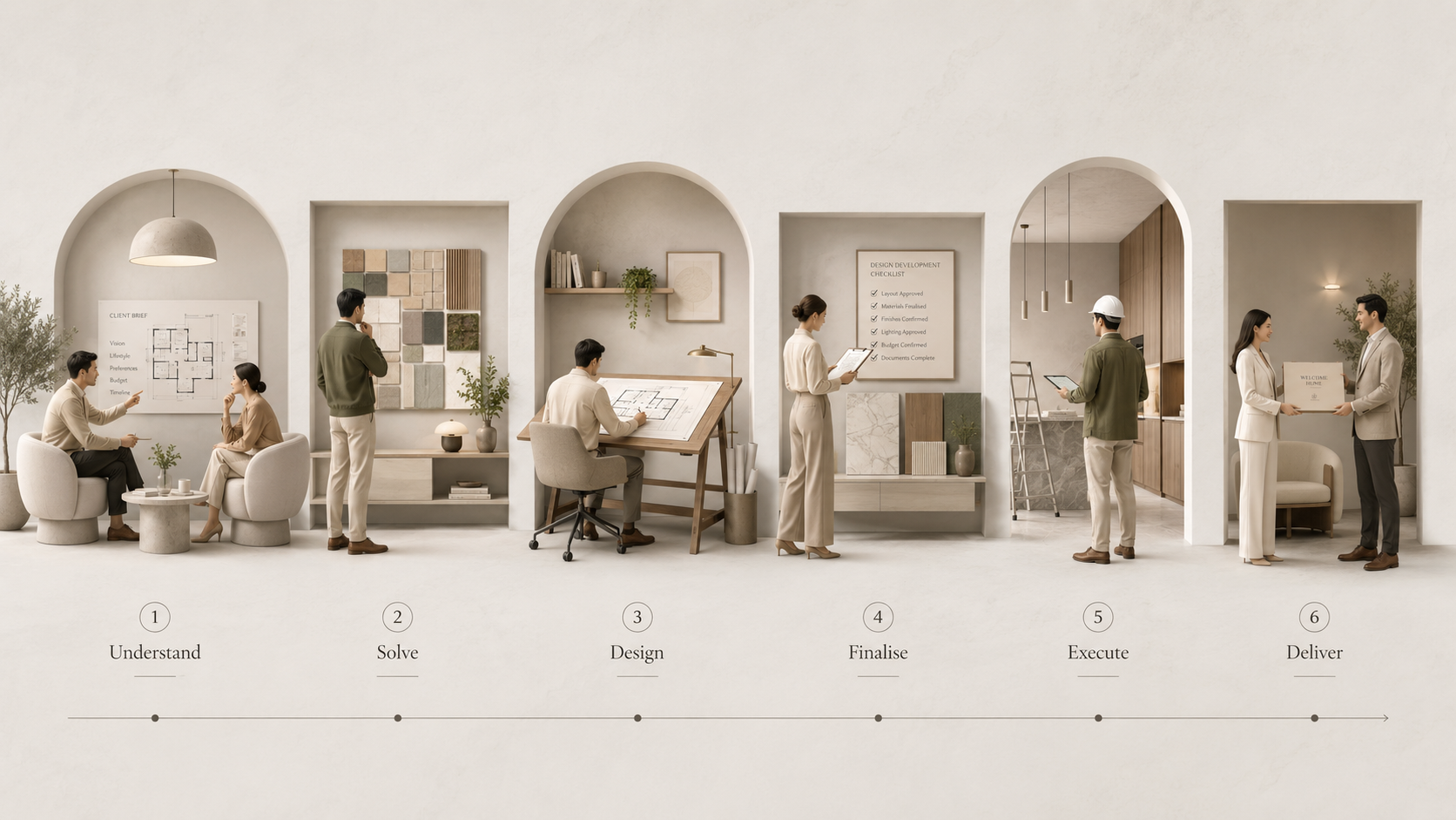 Illustration of the PAMA process: Understand, Solve, Design, Finalise, Execute and Deliver