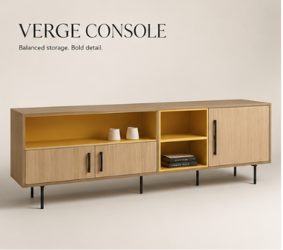 Verge Console by PAMA — long oak console with mustard inset niches and slim black metal legs, studio photograph