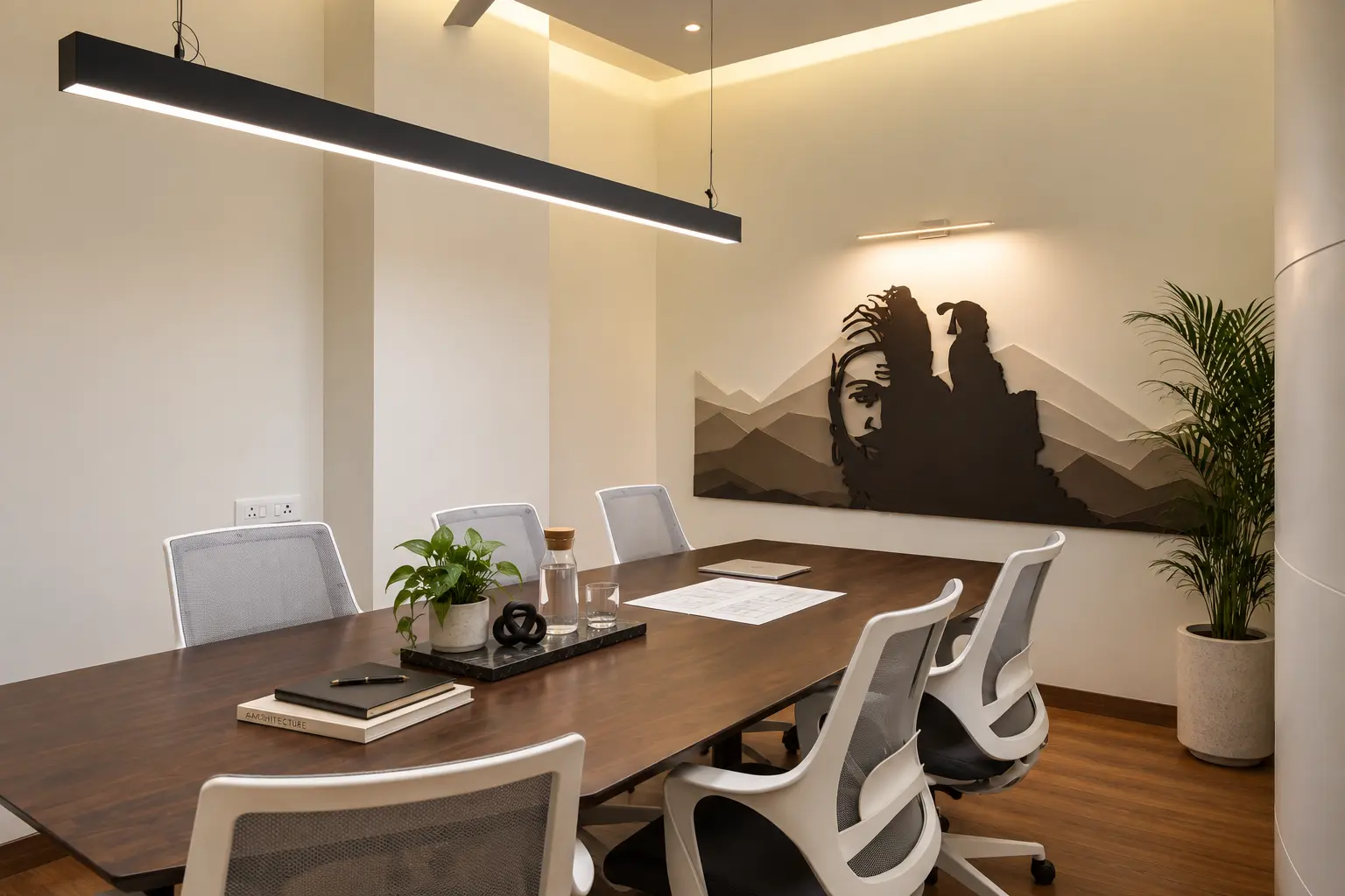 Formal meeting room with a long timber table, white task chairs and suspended linear lighting