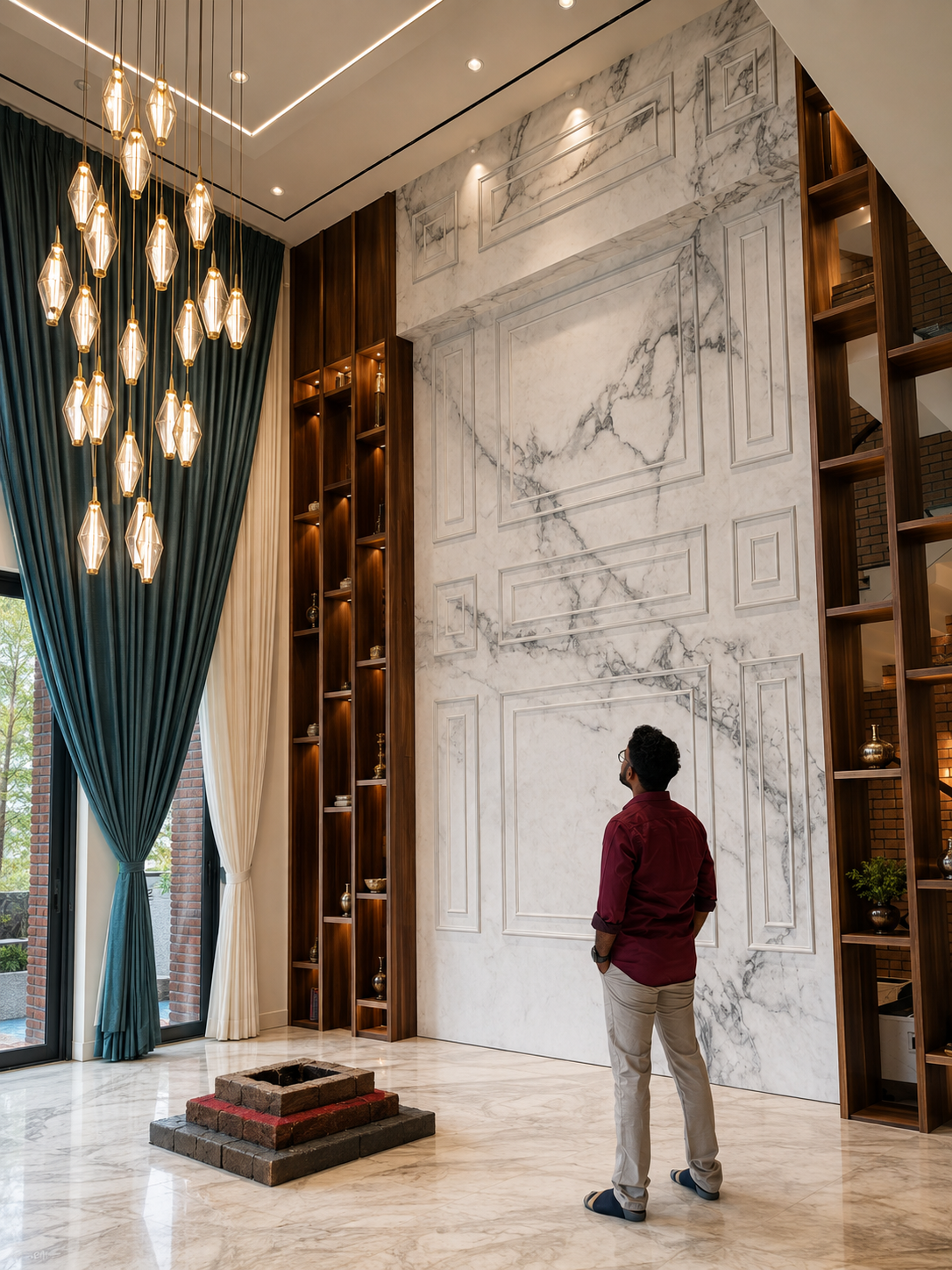 Double-height hall of the Vita villa with a staircase and chandelier