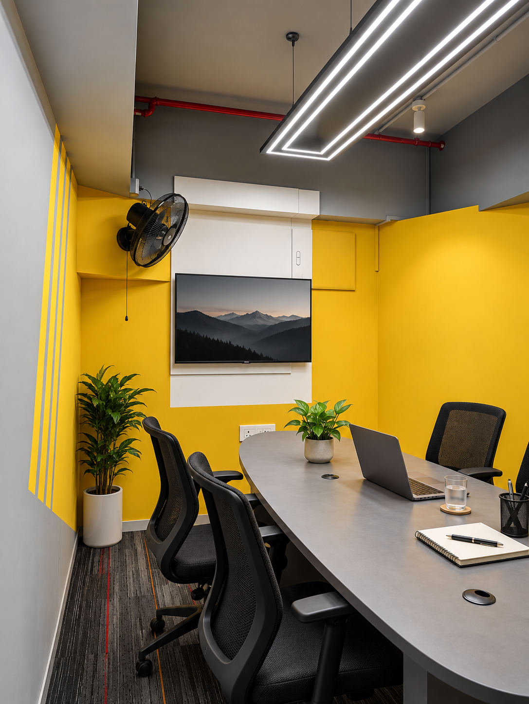 Compact conference room with a grey oval table, black mesh chairs and a yellow accent wall for investor meetings