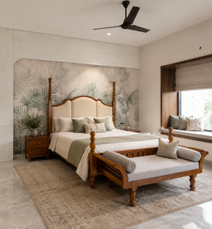 Bedroom of the Vaibhavdada Patil Residence with a crafted four-poster bed, botanical mural and timber bench
