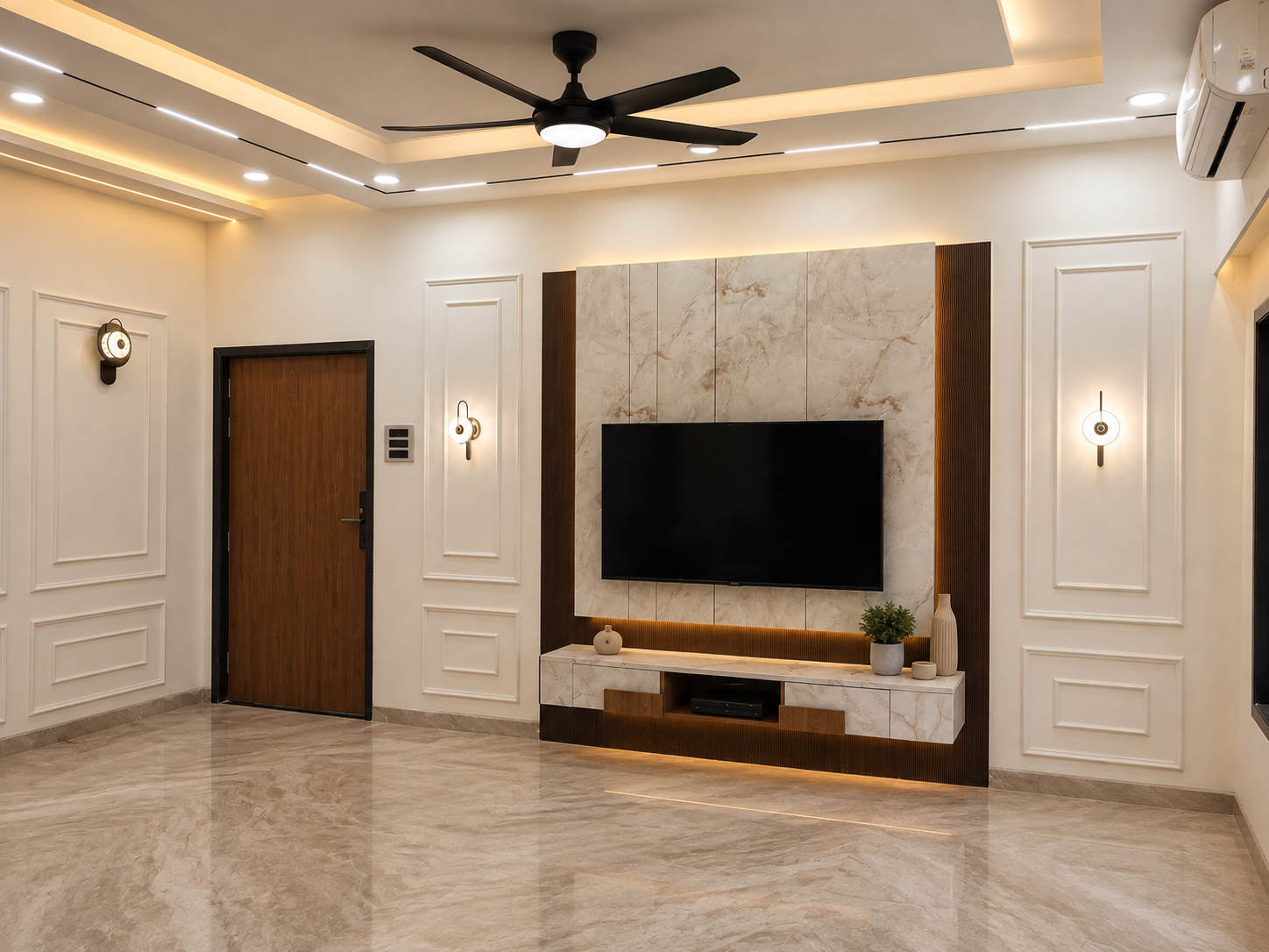 Living room of a weekend farmhouse in Khopoli with a marble television wall and panelled walls