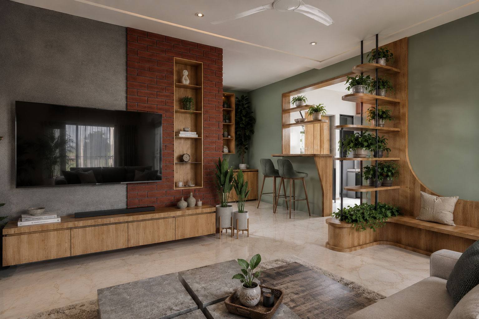 Living room with terracotta brick feature wall, timber media unit, plant divider and breakfast counter beyond