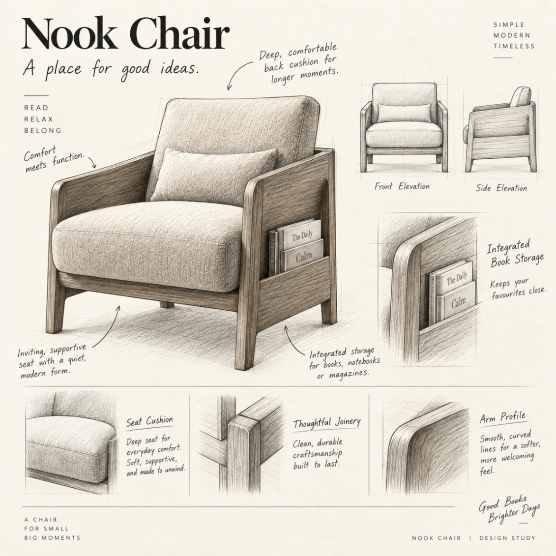 Hand sketch of the Nook Chair with elevations, storage detail and design notes