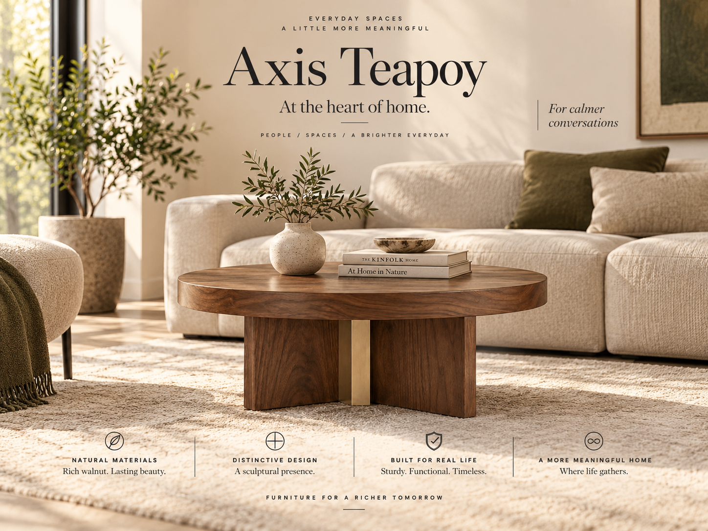 Axis Teapoy in a neutral living room in front of a sofa, styled with a vase and books