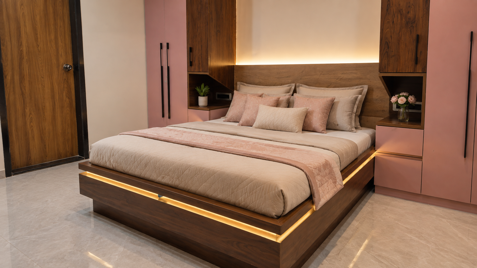 Bedroom of a weekend farmhouse in Khopoli designed by PAMA Interio, with a timber headboard wall and warm concealed lighting