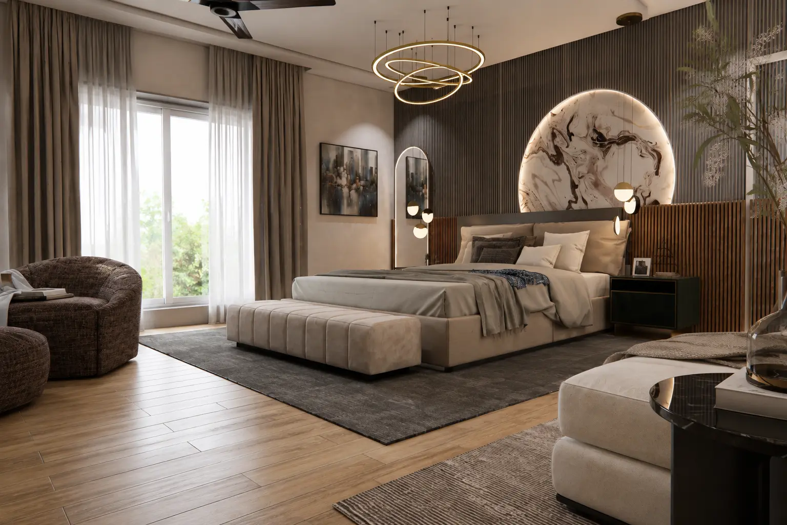 Contemporary bedroom with a fluted dark wall, backlit marble headboard panel and layered lighting