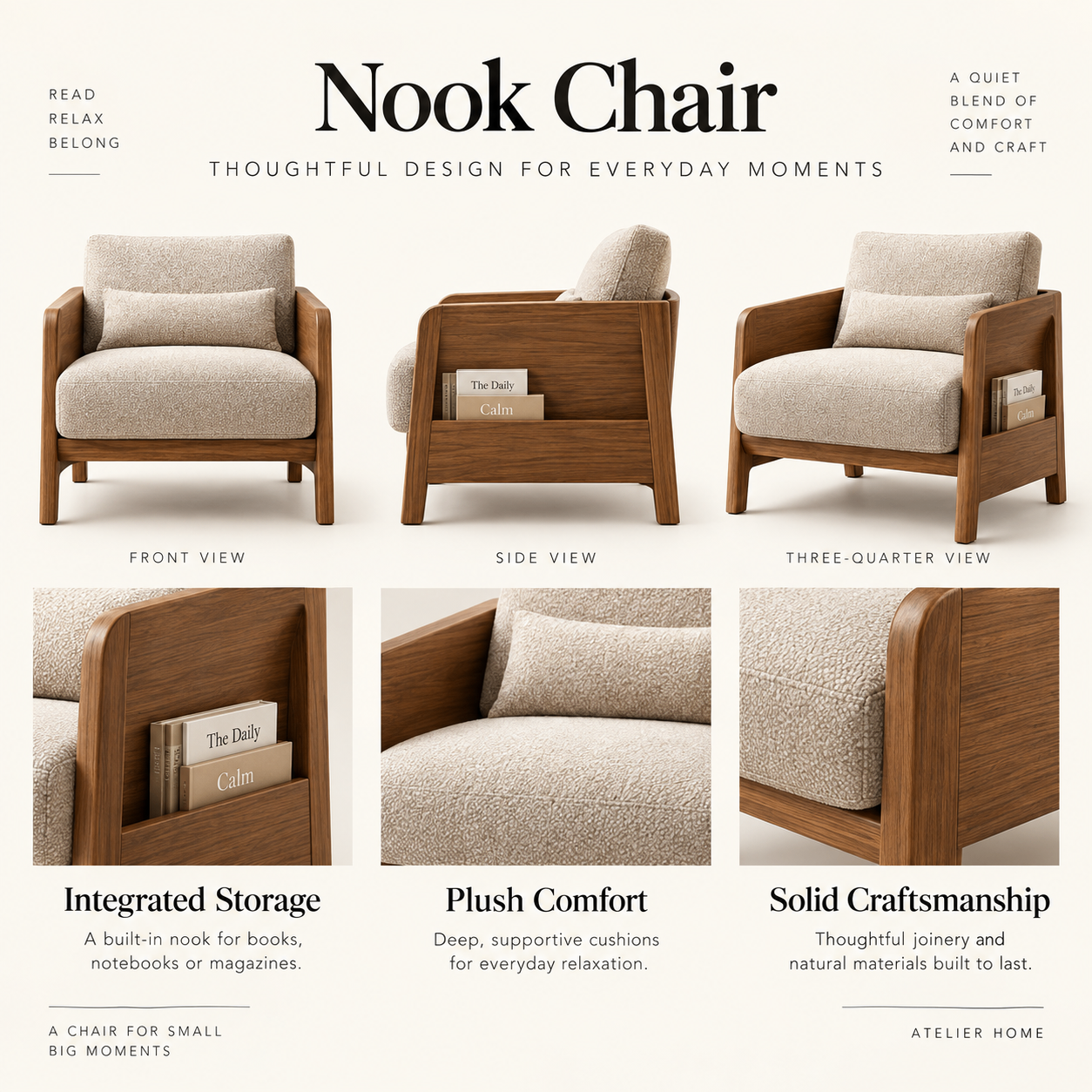 Nook Chair design presentation showing front, side and three-quarter views with integrated storage and craftsmanship notes