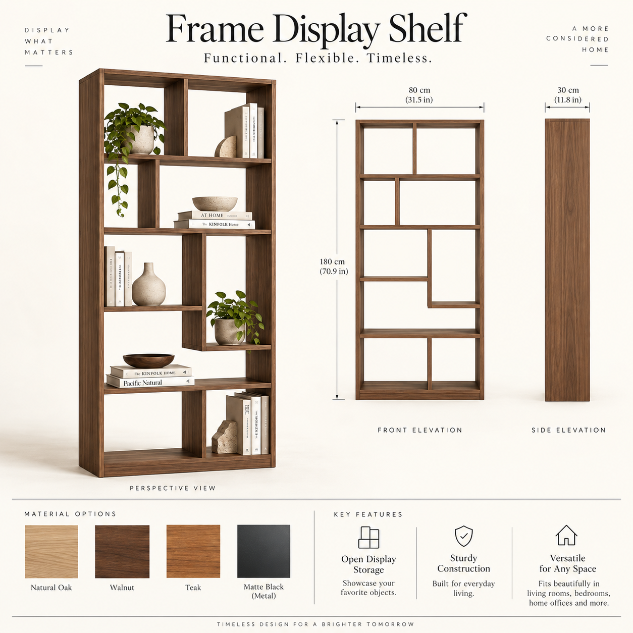 Frame Display Shelf design presentation with perspective view, front and side elevations, dimensions, material options and key features