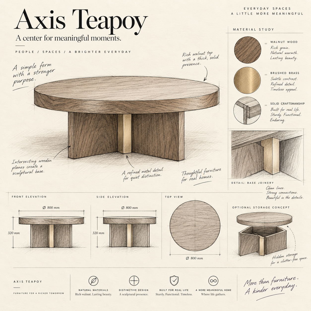 Hand sketch of the Axis Teapoy with elevations, top view, intersecting timber planes and hidden storage detail