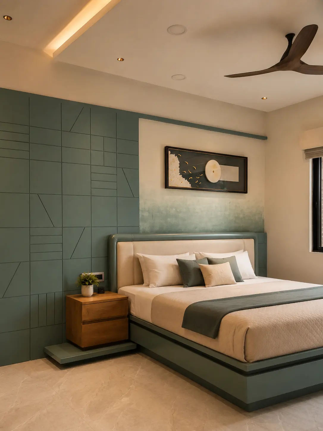 Bed wall of the primary bedroom with green panelling, artwork and a timber bedside unit