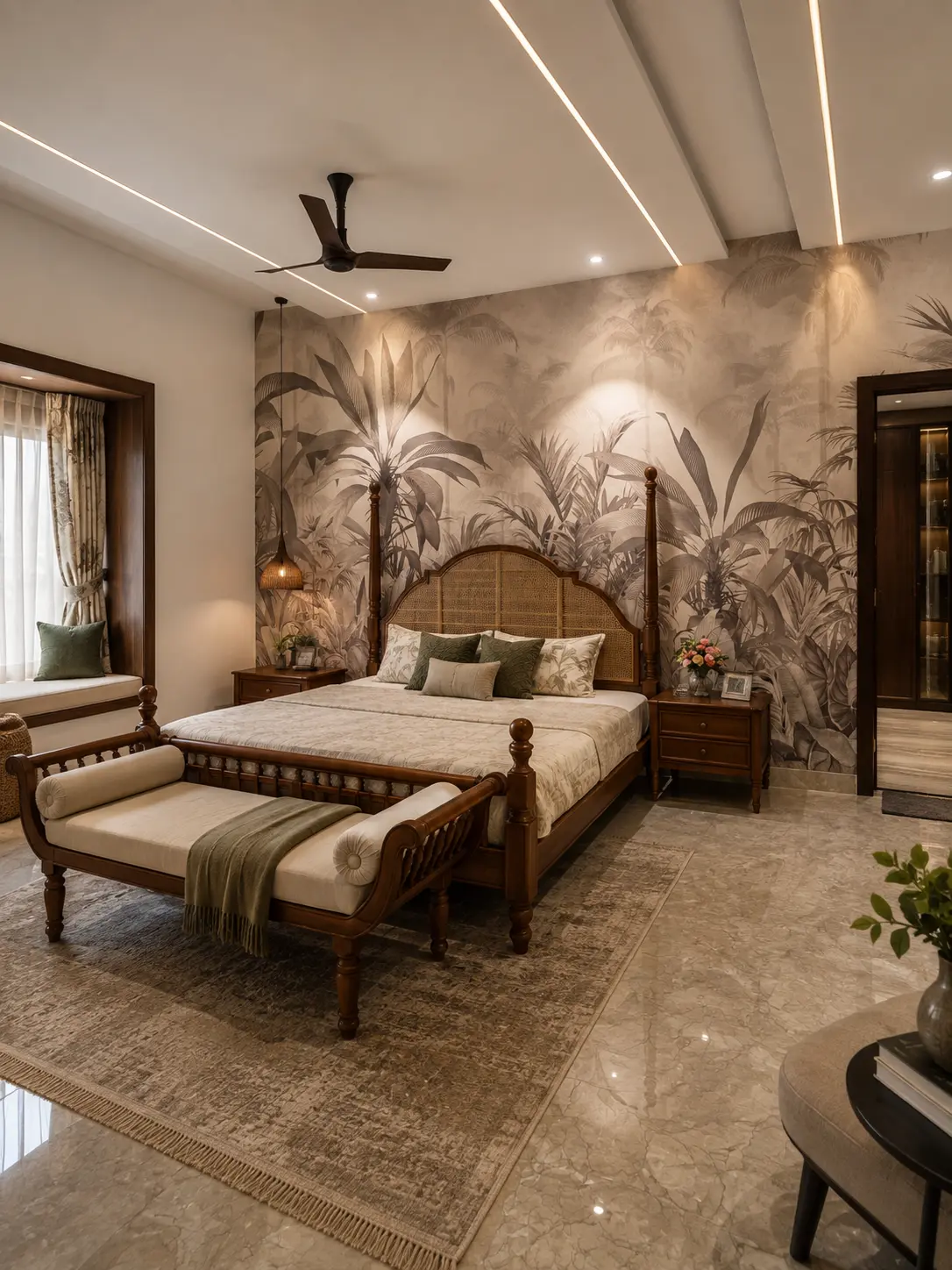Bedroom of the Vita villa with panelled bed wall and bedside niches