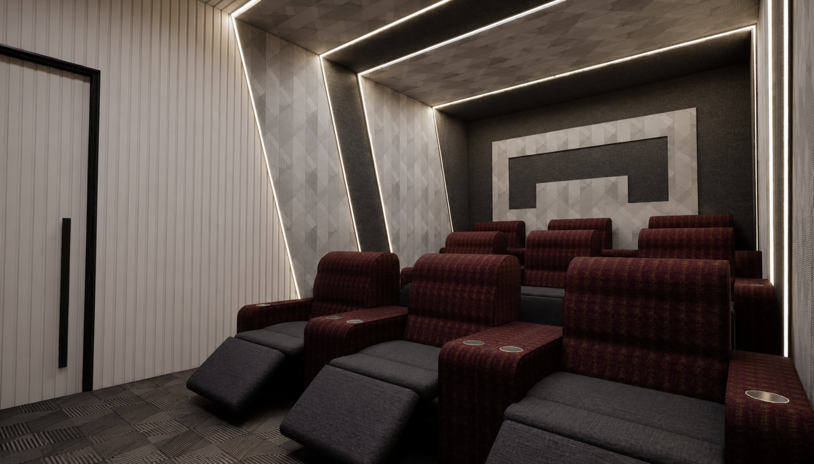 Home theatre of the Vita villa with dark acoustic panelling