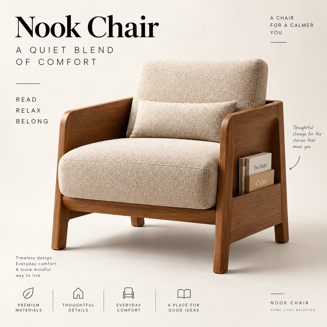 Nook Chair by PAMA — timber-framed reading chair with cushioned seat, studio photograph