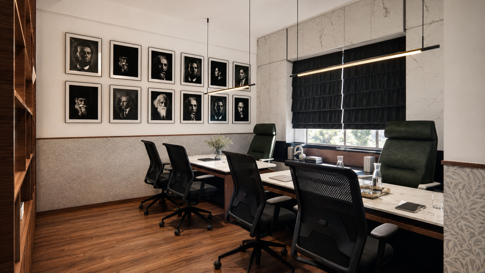 Executive home office with timber shelving, a marble-topped workstation run, black task chairs and a framed portrait wall