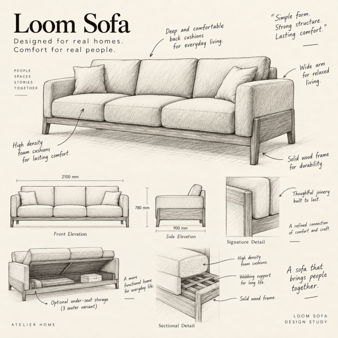 Hand sketch of the Loom Sofa with elevations, sectional detail and under-seat storage note