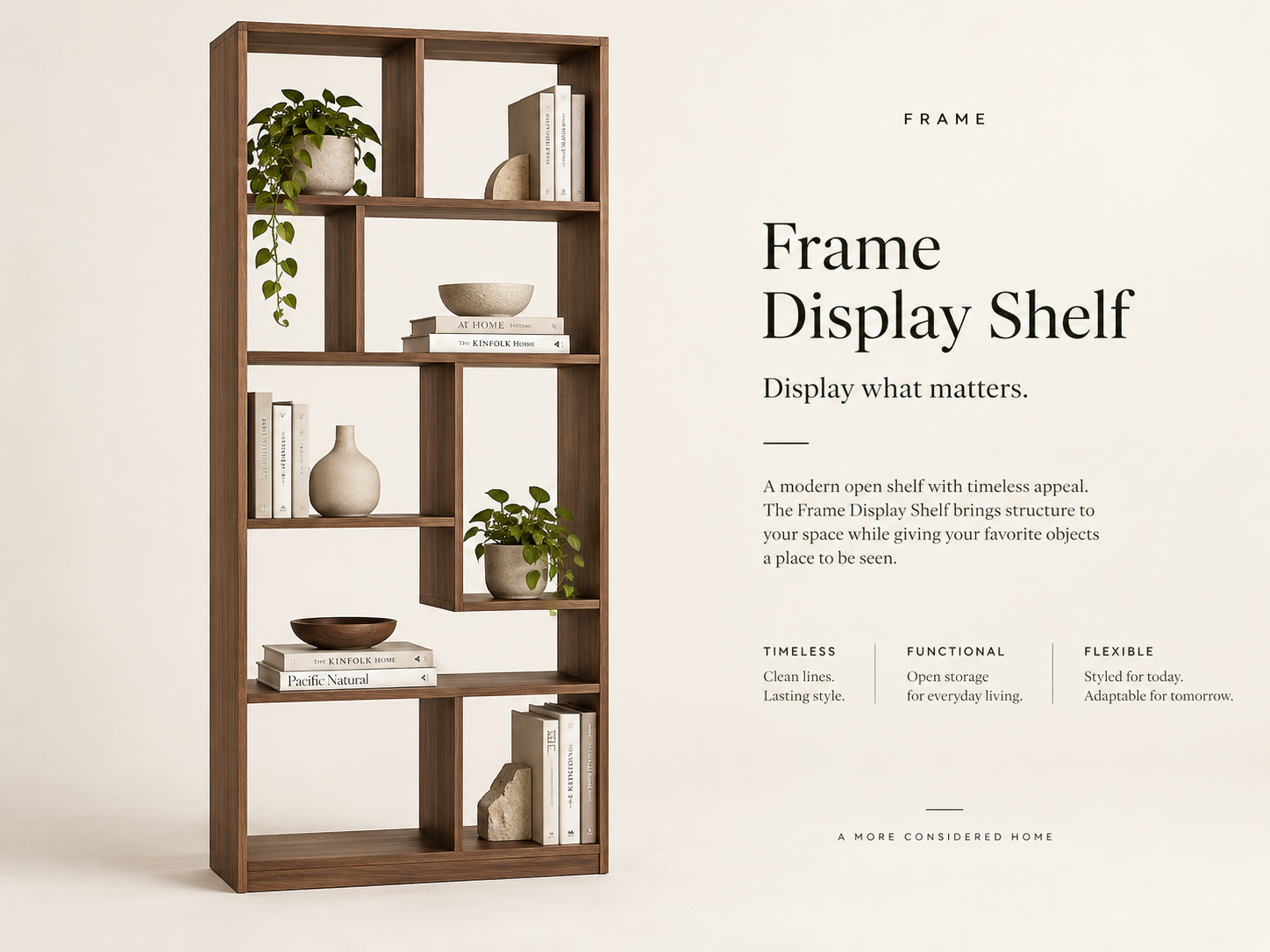 Frame Display Shelf by PAMA — tall open timber shelving unit styled with books, bowls and plants, studio photograph
