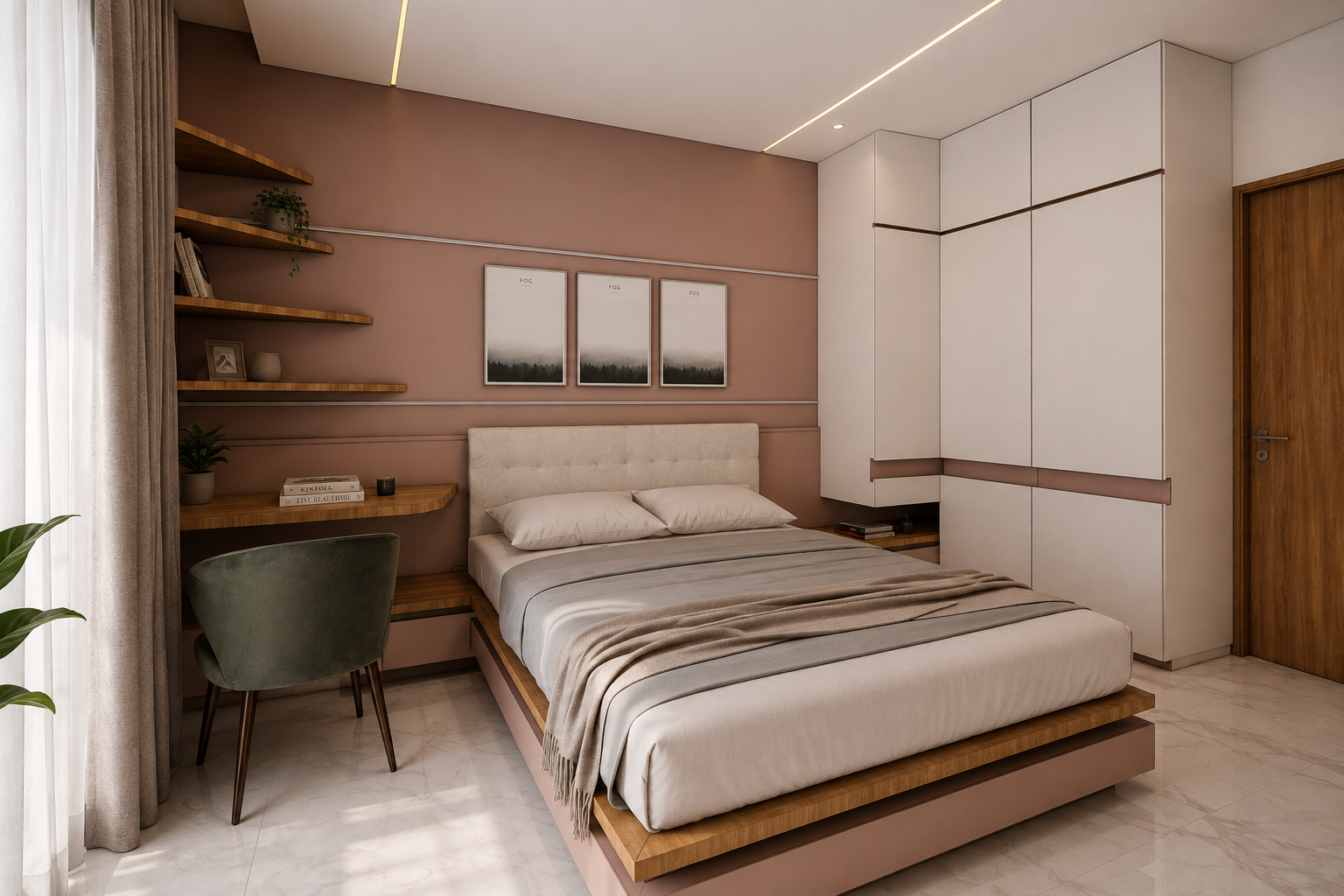 Bedroom with a blush-toned wall, timber bed platform, study ledge and full-height white wardrobes
