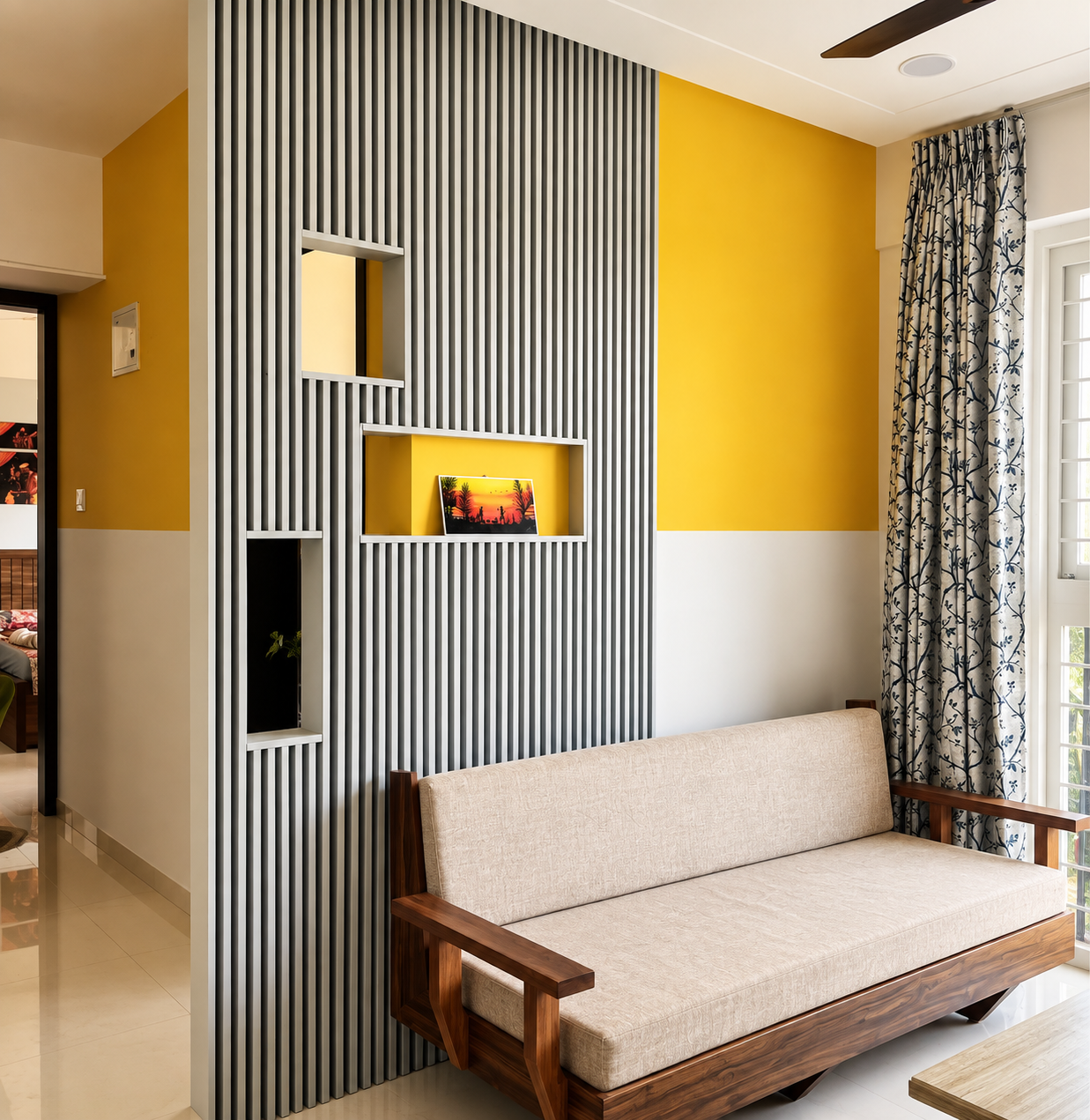 Bright living room of a 2 BHK apartment in Ravet with practical furniture