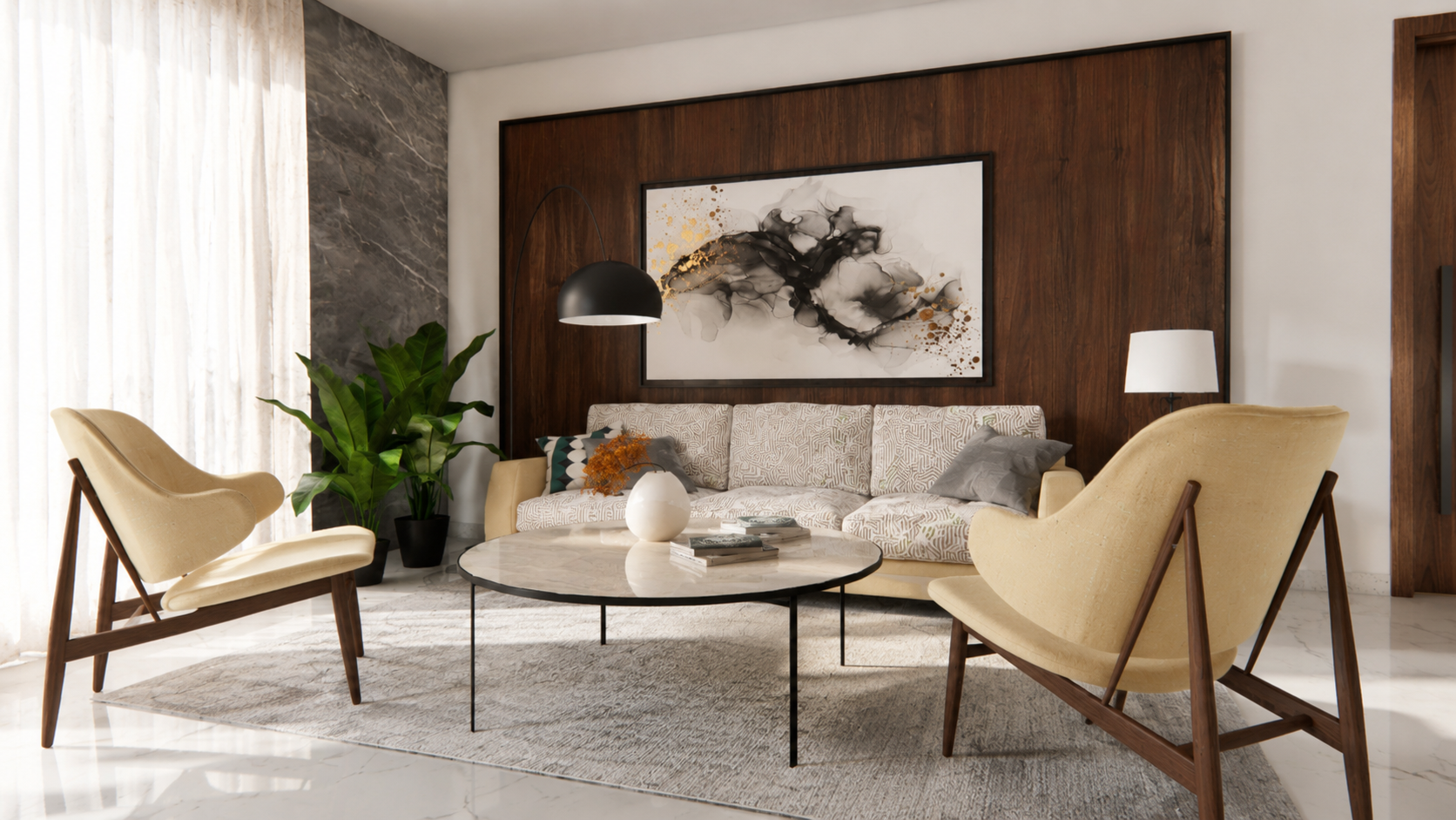 Informal lounge with a timber feature wall, patterned sofa, cane-framed chairs and a round marble coffee table