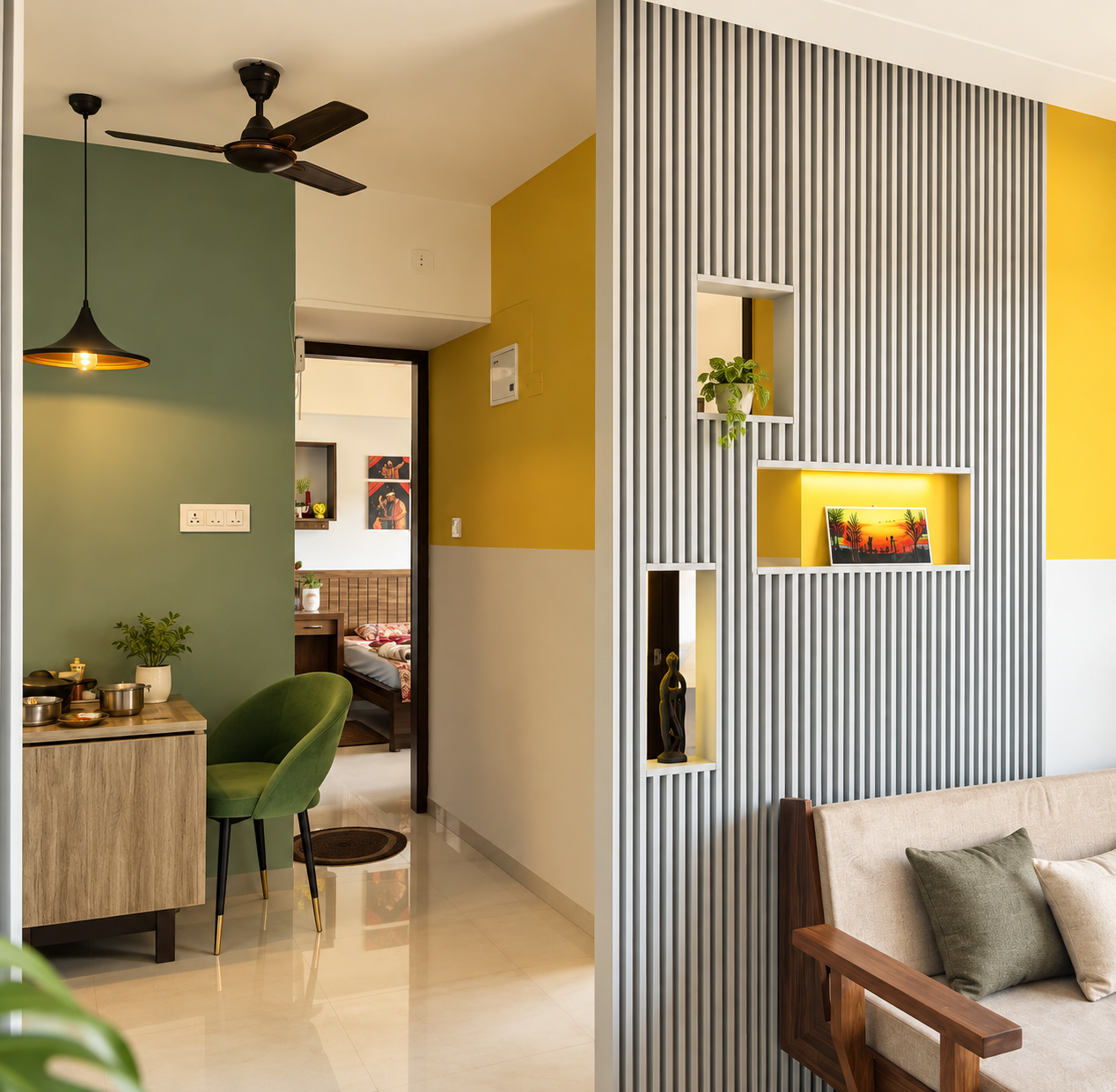 Kitchen of the Ravet apartment with controlled colour and practical storage