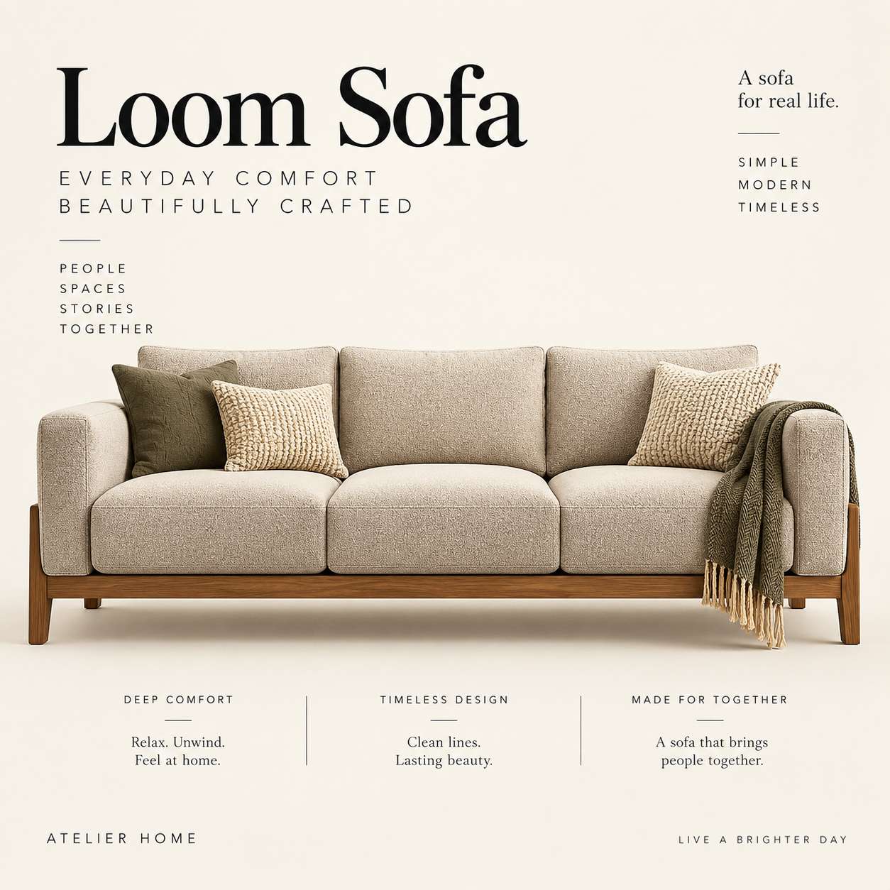 Loom Sofa by PAMA — three-seater sofa on a solid timber base, studio photograph