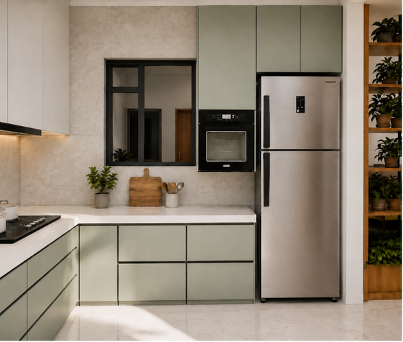 Sage green kitchen with a light stone counter, built-in oven and an internal window