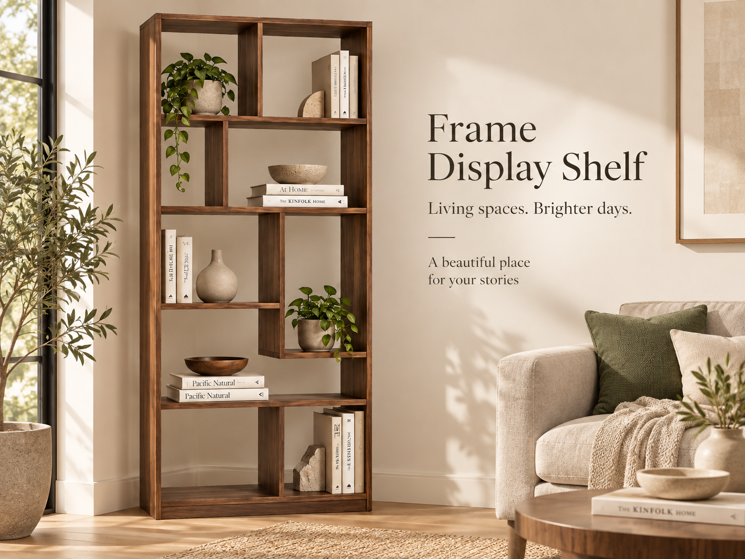 Frame Display Shelf in a warm living room beside a sofa, filled with books, ceramics and planting