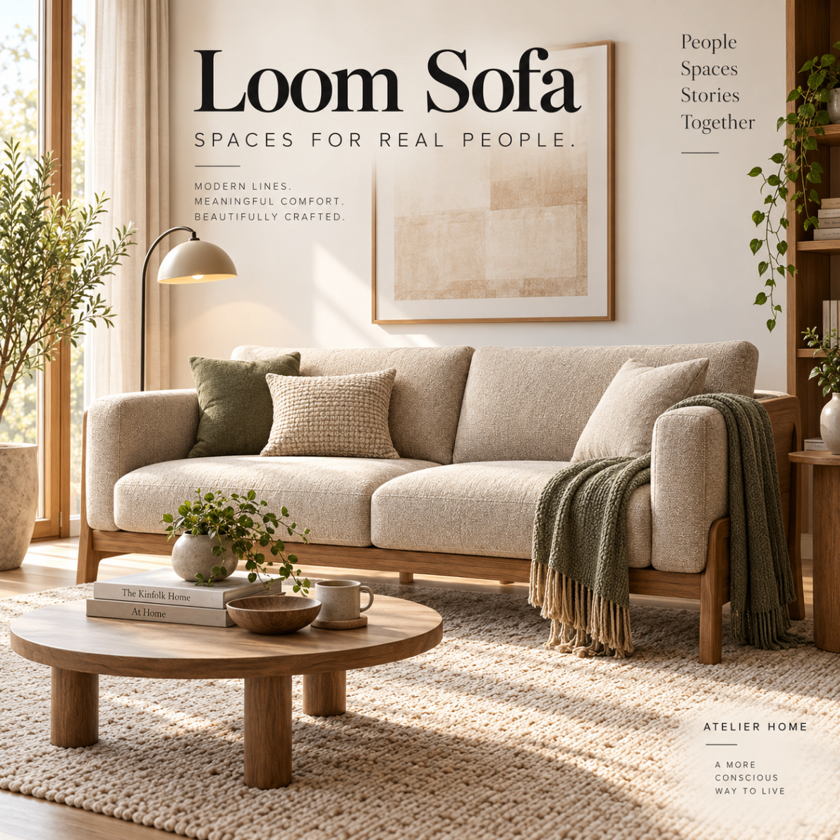 Loom Sofa in a warm neutral living room with layered cushions, throw and round timber table