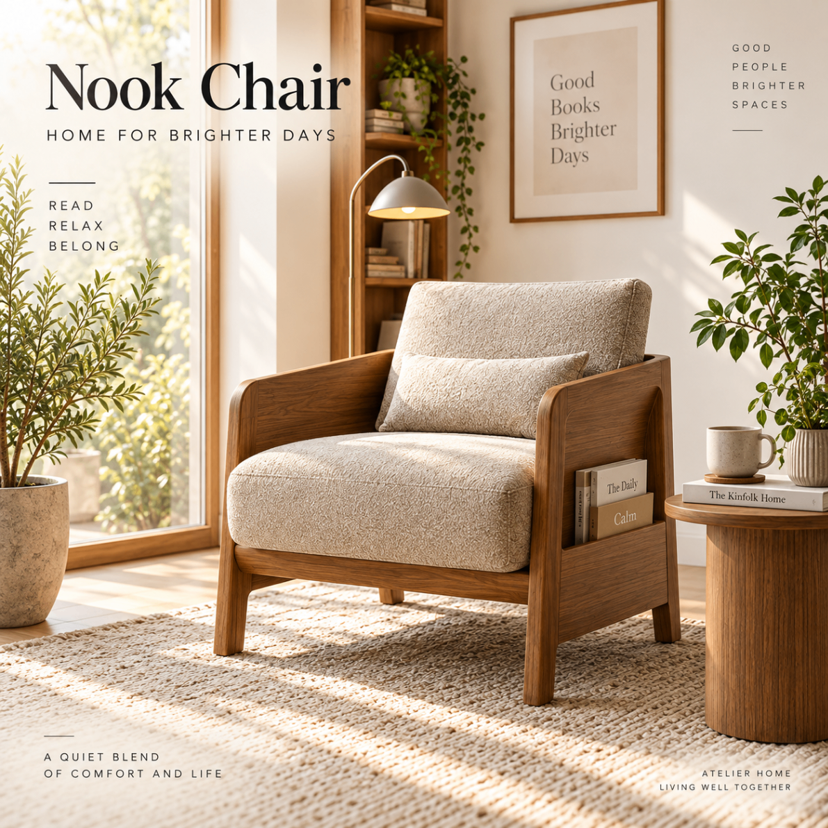 Nook Chair in a light-filled reading corner with planting, bookshelf and side table