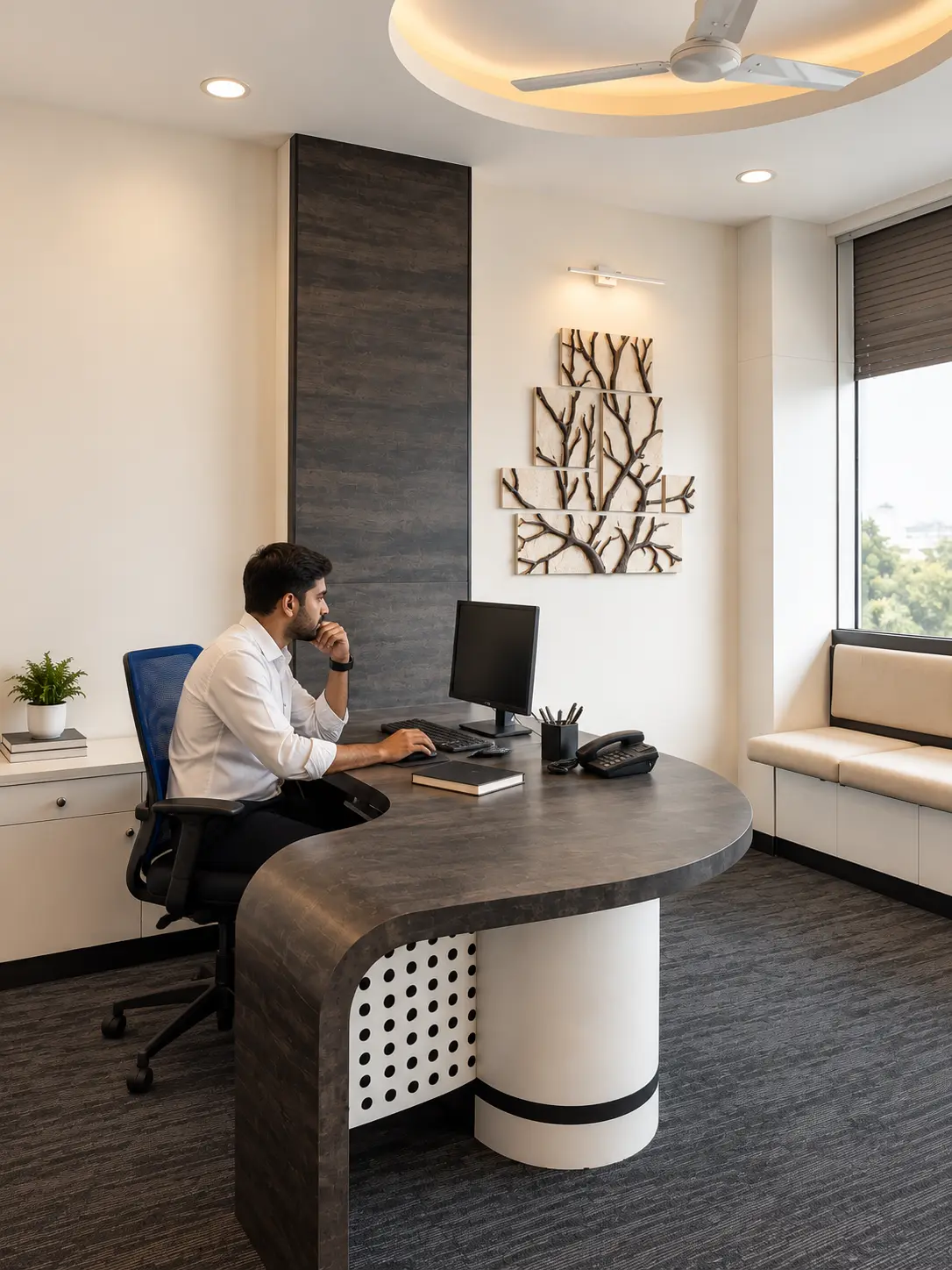 Private cabin with a curved desk, daylight and a restrained neutral material palette
