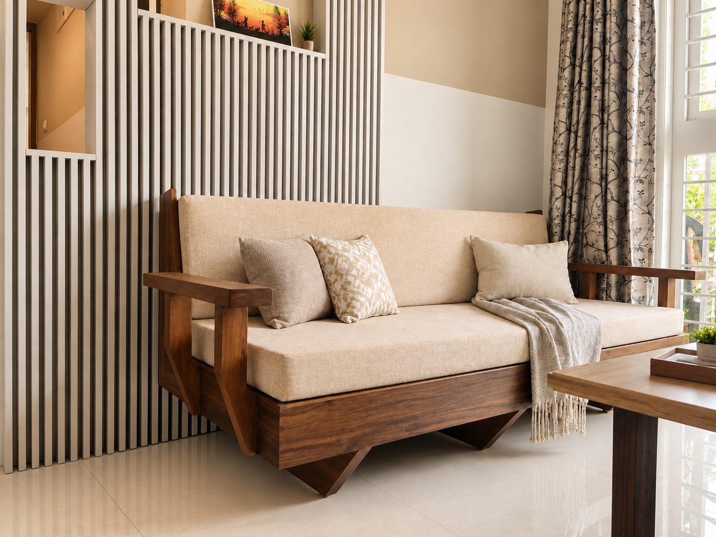 Detail of the custom timber sofa with neutral cushions set against the vertical slatted wall