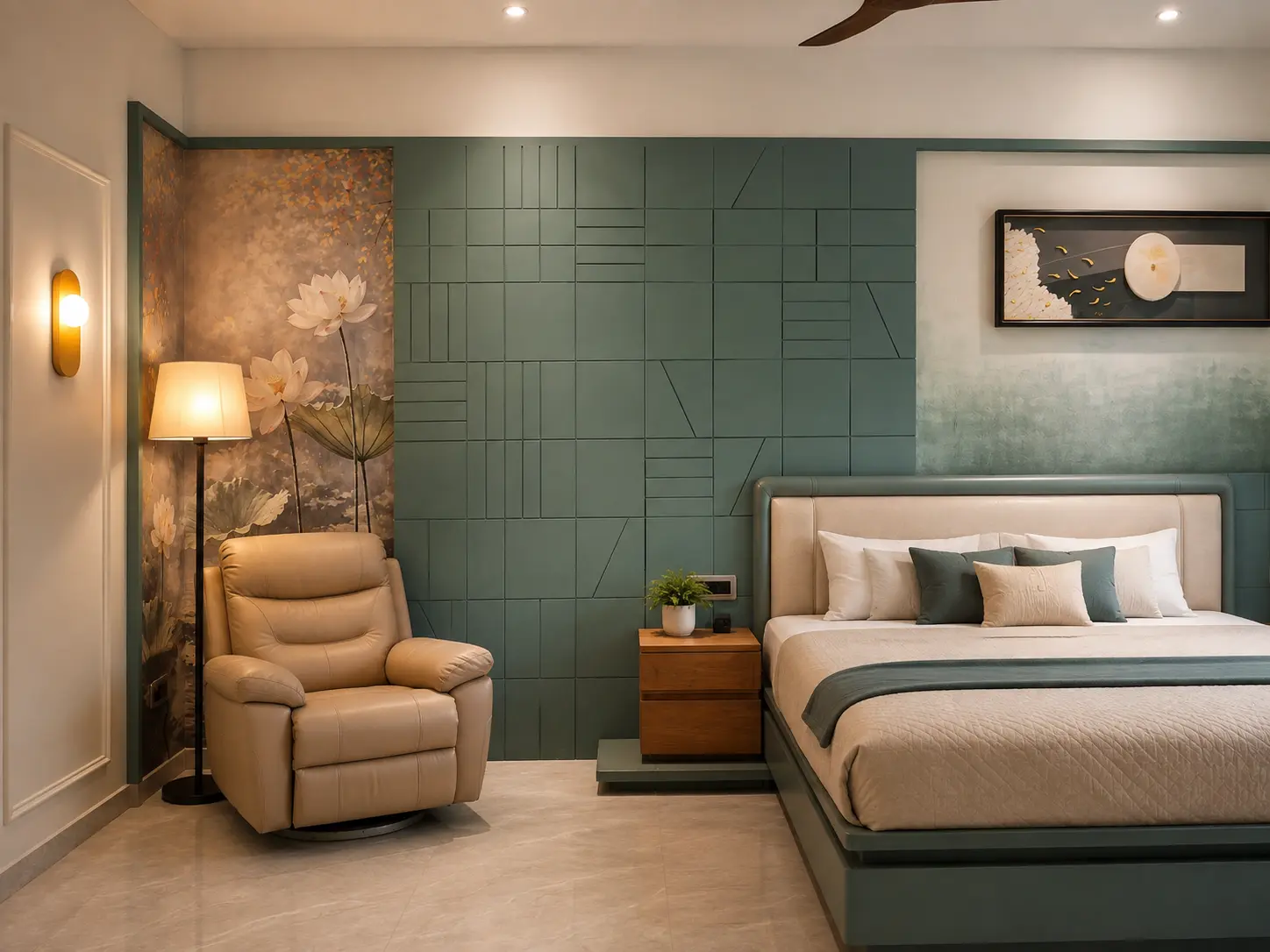 Primary bedroom of The Khopoli Retreat with a dark green geometric feature wall, timber finishes and warm lighting