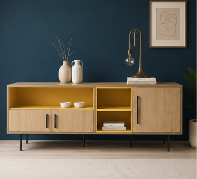 Verge Console against a deep blue wall styled with ceramic vases, books and a brass lamp