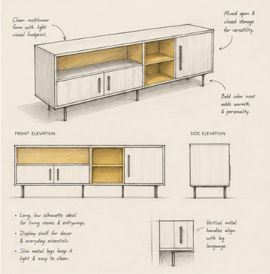 Hand sketch of the Verge Console with elevations, inset niche detail and metal leg notes
