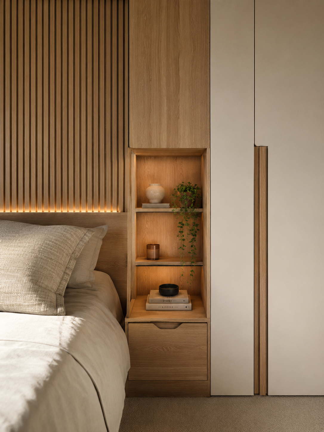 Early PAMA Interio project — completed bedroom interior with fluted timber panelling and integrated storage